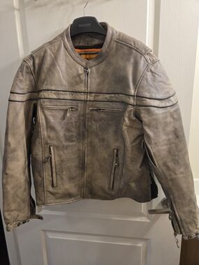 Dream Apparel Men's Taupe Distressed Leather Bomber Jacket with Orange Lining